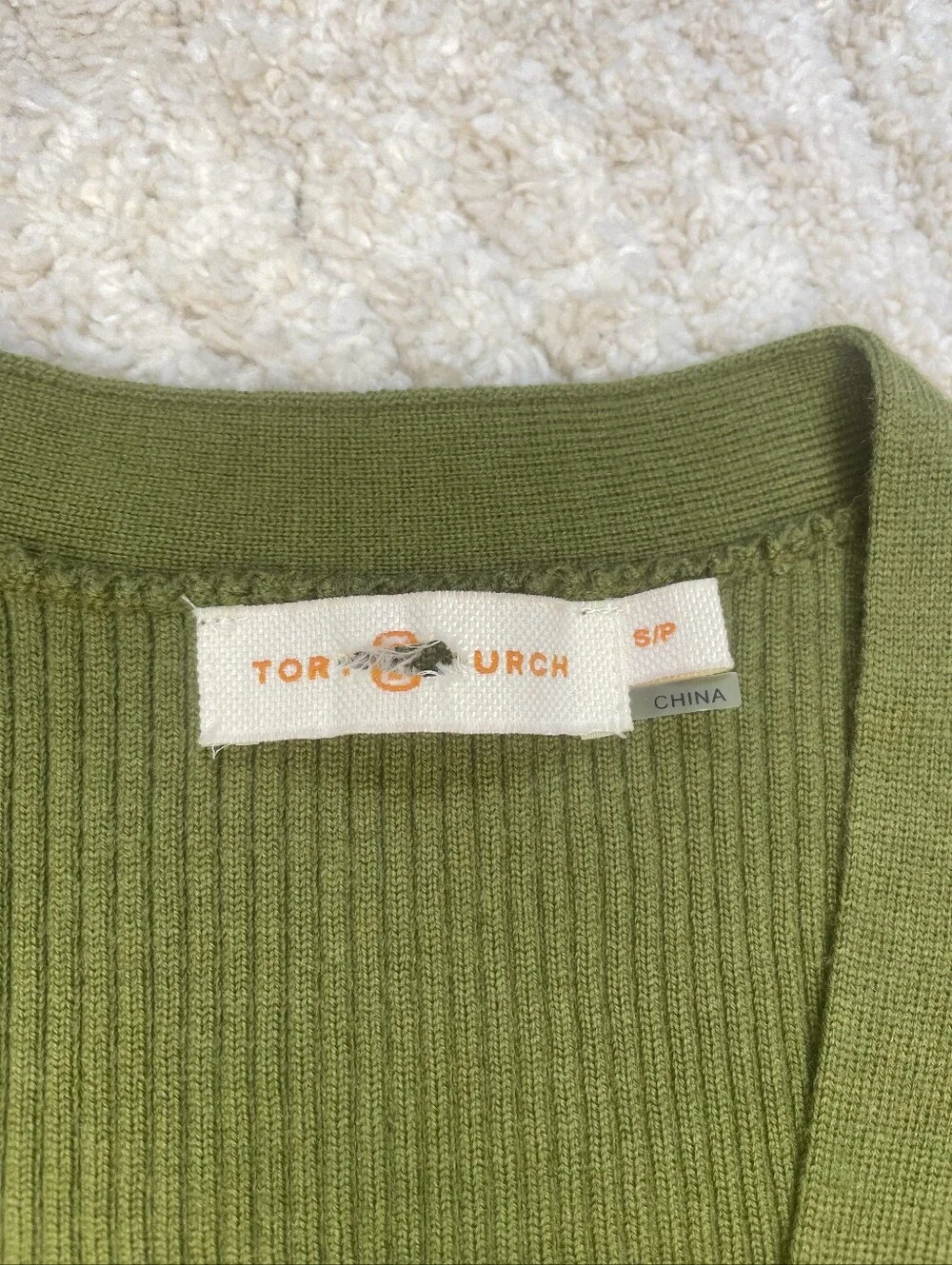 Tory Burch Merino Wool Olive Green Ribbed V-Neck Cardigan Size S